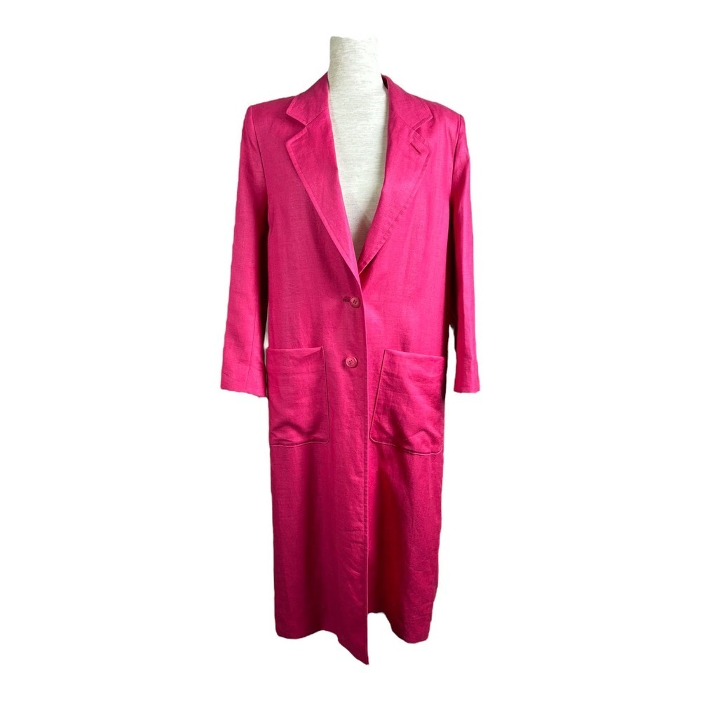 Vintage Sanyo Fashion House Pink 100% Linen Trench Blazer Jacket Coat Size 6